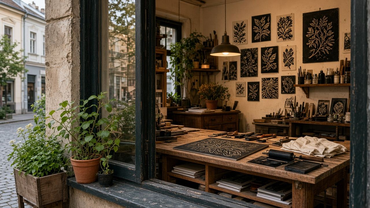 Printmaking / linocut studio workspace at Meiopproro Print Studio